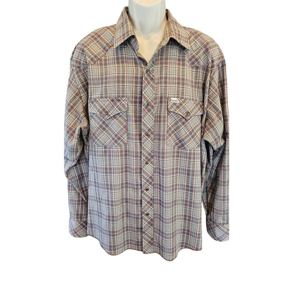 Vintage 80s wrangler long sleeve brown plaid pearl snap Western rodeo sz XXL 2XL